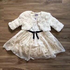 Blueberi Boulevard Ivory & Gold Floral Toddler Dress w/ Detachable Jacket